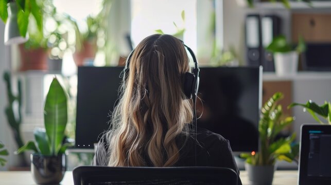 A woman wearing headphones is sitting at a desk with a computer monitor