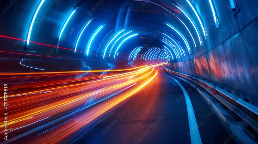 Poster cars passing through a tunnel illuminated by traffic lights, creating a dynamic visual effect.