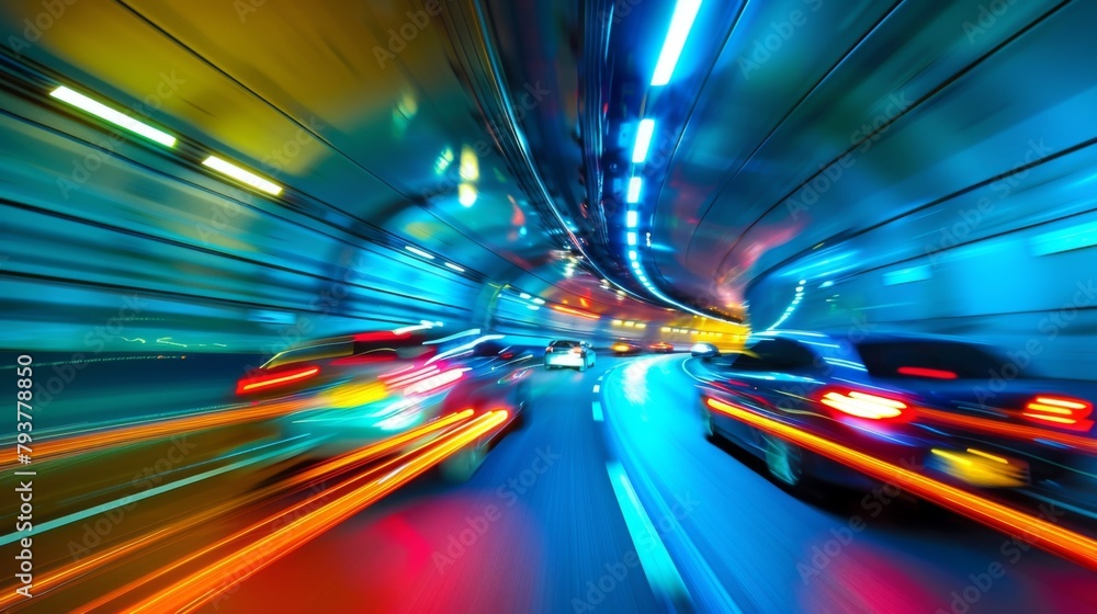 Poster Cars passing through a tunnel illuminated by traffic lights, creating a dynamic visual effect.