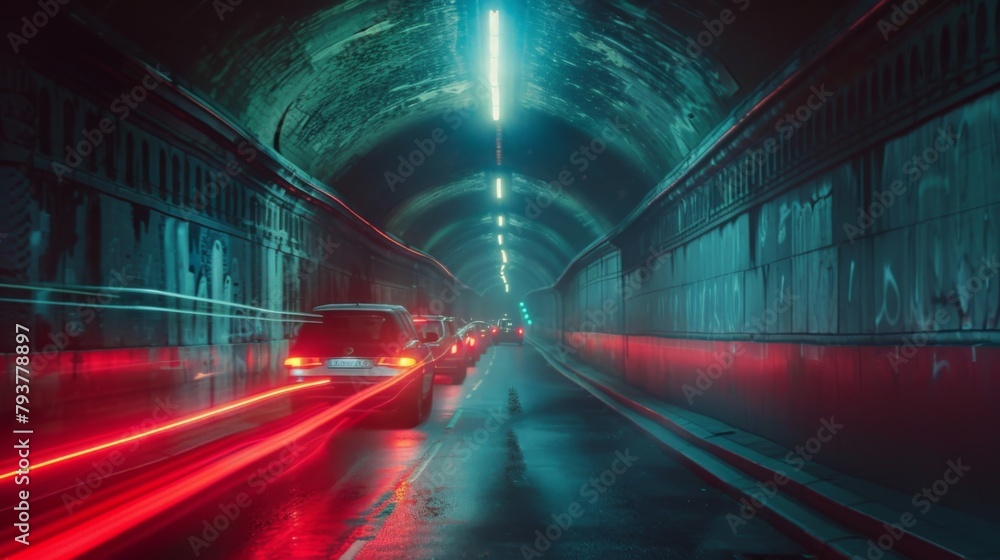 Poster cars passing through a tunnel illuminated by traffic lights, creating a dynamic visual effect.
