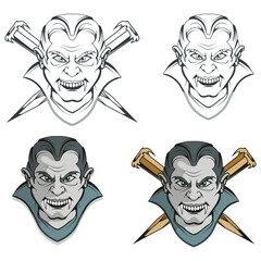 Evil vampire. Count Vlad Dracula. Happy Halloween. Hand drawn head of a character vampire with open mouth. Vampire concept. Vector artwork