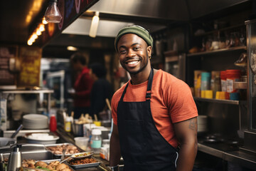 Young man working as a cook at the fast food truck.