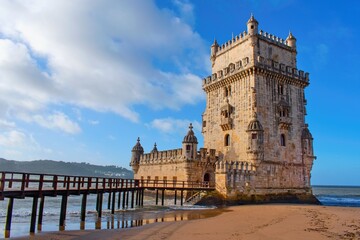 Fototapeta na wymiar Belem Tower or Tower of Staint Vincent on the bank of the Tagus River. Lisbon, Portugal