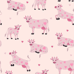 Seamless pattern of cute cows with pink heart-shaped spots. Vector graphics.