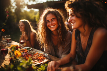 Outdoor portrait of happy brunette woman spending time having lunch with her friends and wine outside at sunset. Spring summer vacation concept. Friendship and fun outdoors