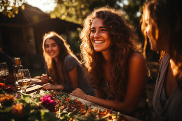 Outdoor portrait of happy brunette woman spending time having lunch with her friends and wine outside at sunset. Spring summer vacation concept. Friendship and fun outdoors