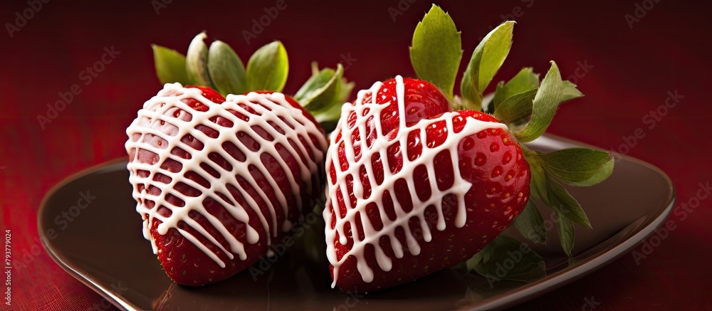 Poster Two fresh strawberries topped with white icing on a dish