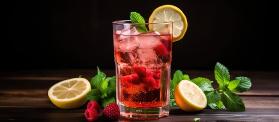 Glass of raspberry lemonade with lemon slices and mint leaves
