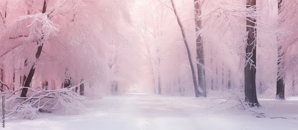 Sticker Snowy path through pink forest