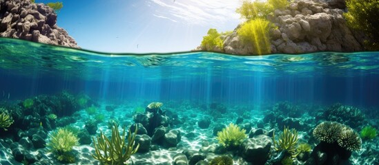 Sunlight glistens on coral reef in ocean