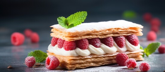 Close-up of pastry adorned with raspberries and mint leaves