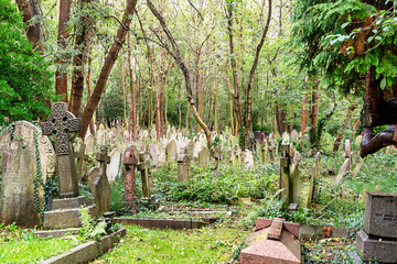 Unzählige Grabsteine inmitten viele Bäume  auf dem Highgate Cemetery in London Camden