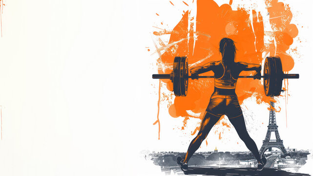Orange illustration of weightlifter athlete at olympic by eiffel tower