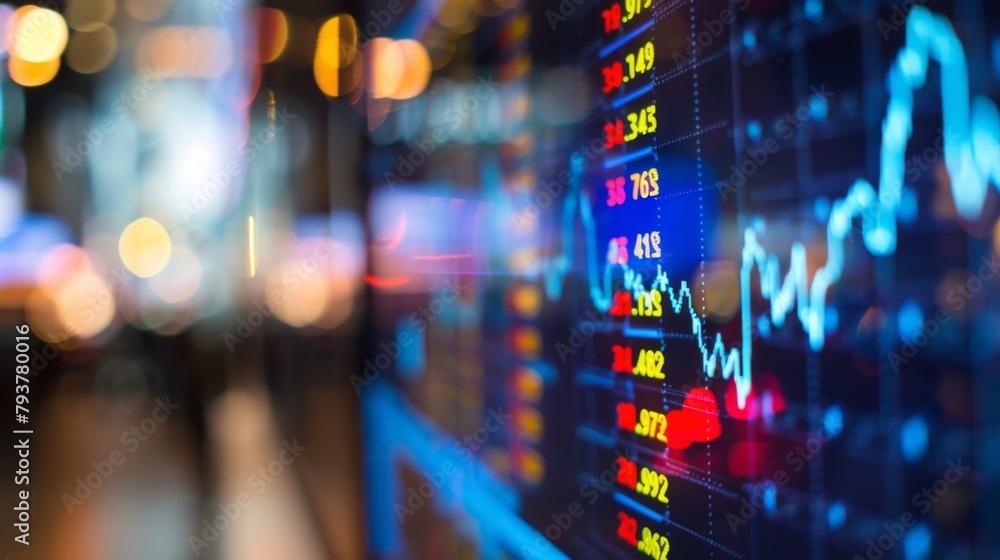 Aufkleber Close-up of a computer screen displaying fluctuating stock prices on a dynamic graph, illustrating market volatility.