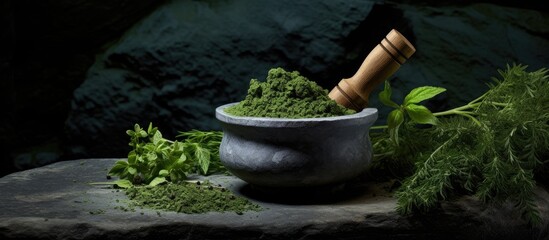 A mortar and pestle with assorted herbs - obrazy, fototapety, plakaty