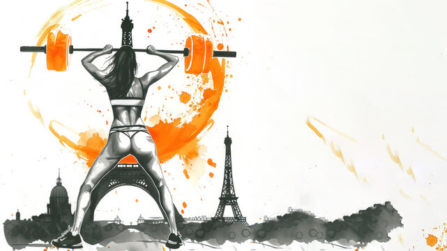 Orange illustration of weightlifter athlete at olympic by eiffel tower
