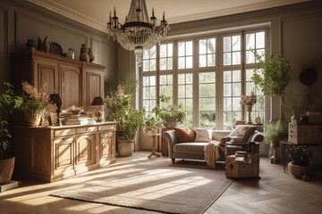 Country Living Room with Furniture, Chandelier, and Natural Light