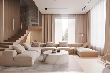 Minimal Living Room with Staircase - Modern Design, Beige Color Scheme and Marble Table