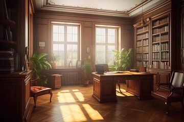 Art Deco Office: Wooden Furniture, Matte Painting, Classicism Style, Dramatic Morning Light