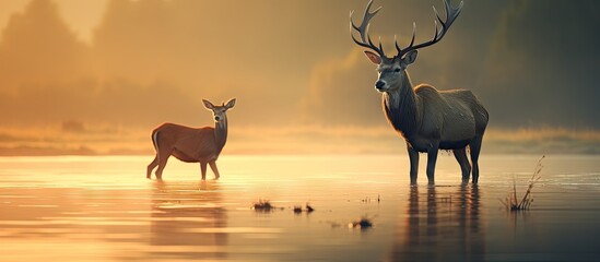 Two deer in water at dusk