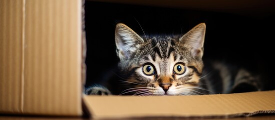Cat peering from cardboard box