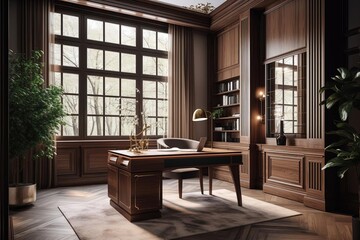 Baroque Study: Wooden Desk in Warmly Lit Posh Room