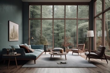 Fototapeta premium Moody Forest Mansion Living Room with Large Windows