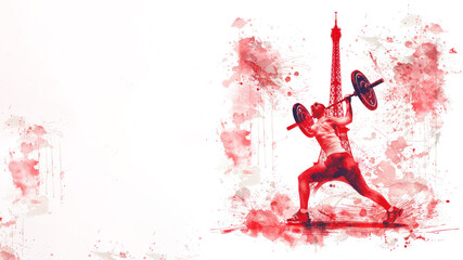 Red illustration of weightlifter athlete at olympic by eiffel tower