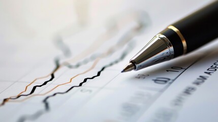Close-up of a pen pointing to a specific point on a line graph during a business presentation
