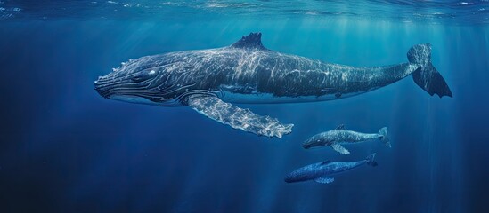 Two adult whales and a young whale swimming in the ocean