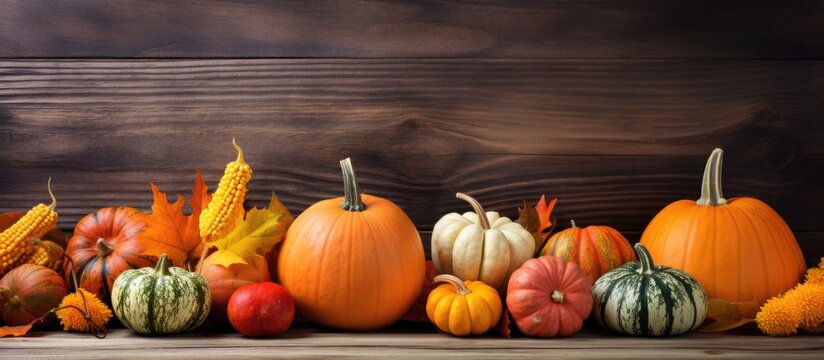 Pumpkins and squash displayed on a table