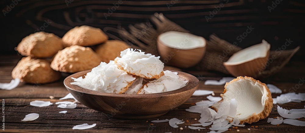 Poster Coconut milk and flakes in bowl on wooden table