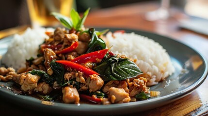 Close-up of a plate of Pad Kra Pao, a savory Thai basil stir-fry with minced meat or tofu, served with rice. - obrazy, fototapety, plakaty
