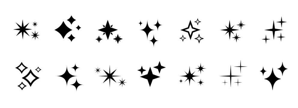 Star icon collection. Different star shapes. Black stars icon set.  Sparkle star icon set. Vector illustration