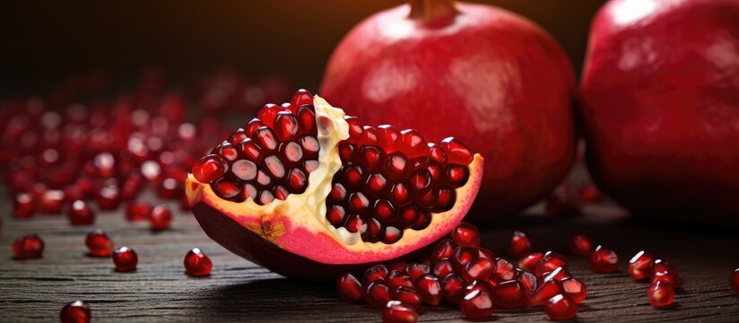 A pomegranate sliced open on a wooden surface