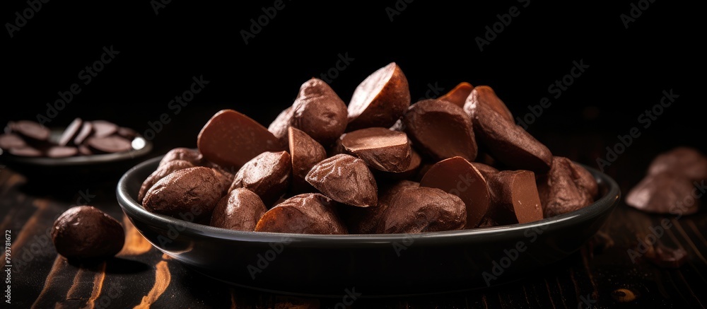 Poster Bowl filled with chocolate chunks and scattered cocoa beans