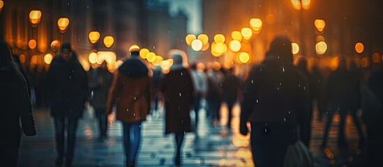 People walk city street night rainy - obrazy, fototapety, plakaty