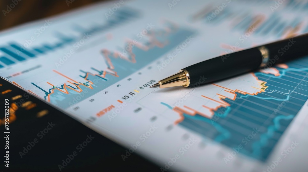 Poster Close-up of a stock market graph printed on paper with a pen pointing at key data points, illustrating market analysis.