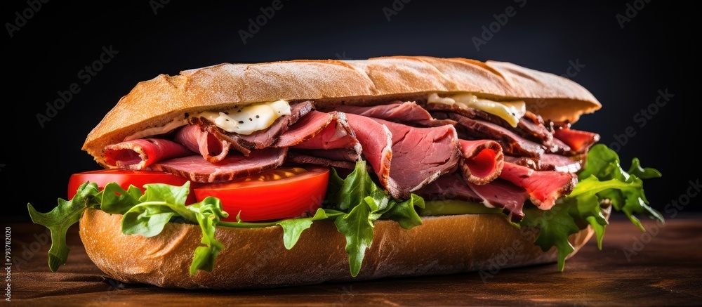 Sticker Sandwich with Meat and Vegetables on Wooden Table