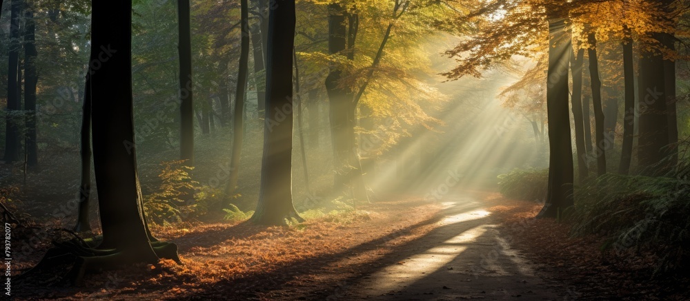 Poster sunlight filtering through trees on forest path