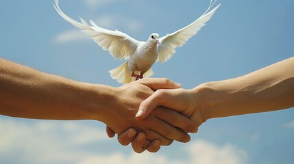 Hands shake with a peace dove in the background, symbolizing reconciliation on Friendship Day - obrazy, fototapety, plakaty