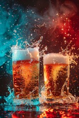 b'Two glasses of beer with foam and splashes' - obrazy, fototapety, plakaty