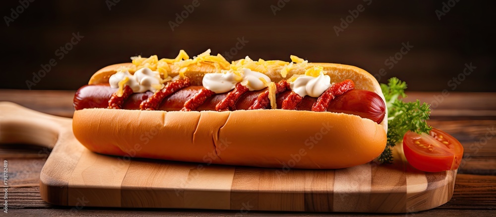 Sticker Hot dog with toppings on cutting board