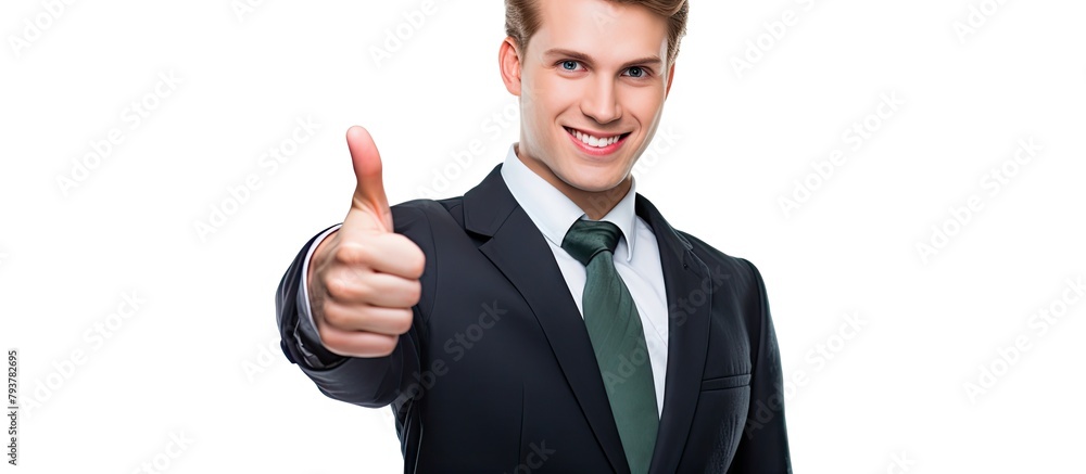 Poster man in formal attire displaying positive gesture