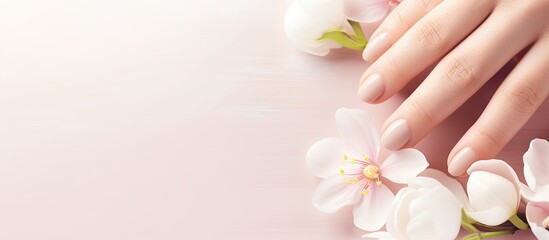 Obraz na płótnie Canvas Hand with manicured nail and flowers