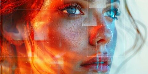 Double exposure of woman face and futuristic digital interface
