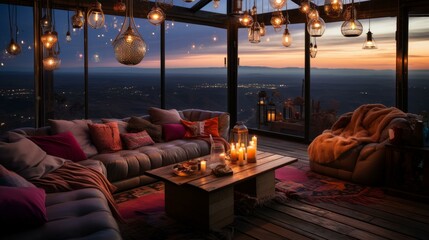 b'A cozy living room with a view of the city at night'