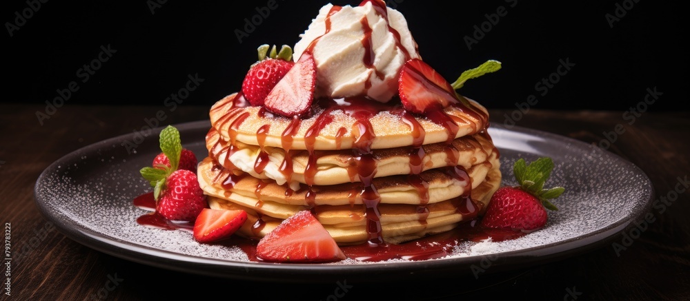 Wall mural Stack of pancakes with strawberries and cream