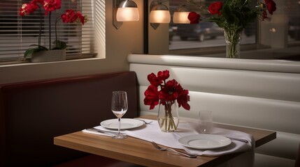 b'A romantic dinner table with red flowers'