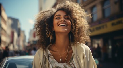 Fototapeta premium b'Laughing woman with curly hair wearing a white jacket'